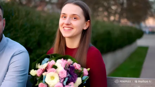 Young Woman Surprised by Flowers, Shares Tender Moment – AI Generated Video | Hailuo AI