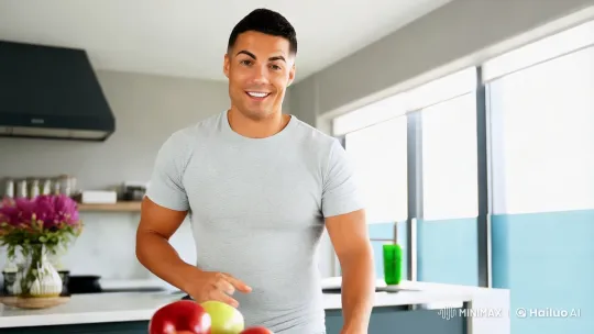 Confident Man Enjoying an Apple in a Modern Kitchen – AI Generated Video | Hailuo AI