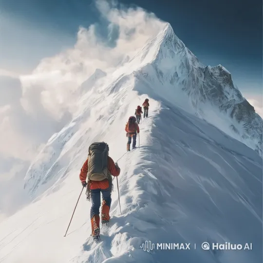 Alpine Climbers Ascend Snowy Ridge in Live2D Animation – AI Generated Video | Hailuo AI
