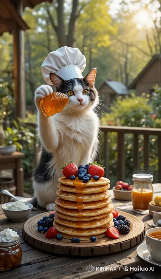 Tabby Cat Chef Drizzles Honey on Pancakes in Rustic Setting – AI Generated Video | Hailuo AI
