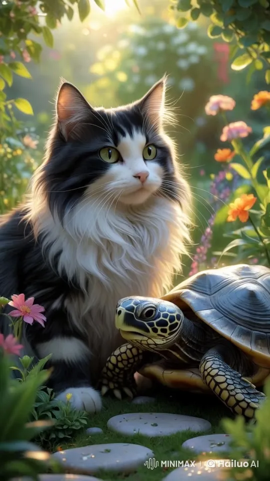 Cat and Turtle in Peaceful Garden – AI Generated Video | Hailuo AI