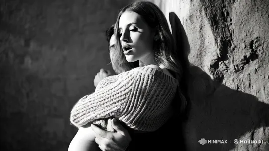Young Woman in Knit Sweater Against Textured Wall – AI Generated Video | Hailuo AI