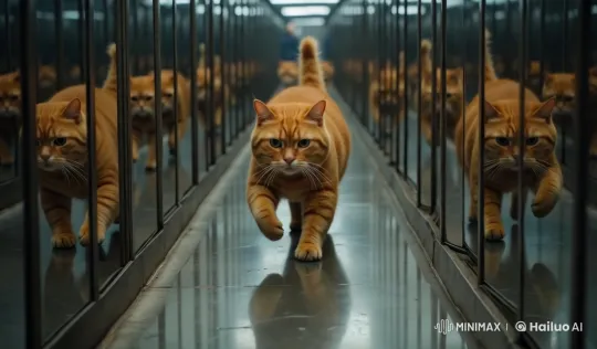 Ginger Cat Strides Confidently Down Reflective Hall – AI Generated Video | Hailuo AI