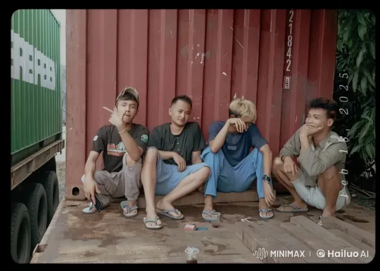 Four Young Men Brawl on Shipping Container Platform – AI Generated Video | Hailuo AI