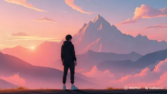 Man Contemplates Sunrise Over Majestic Mountains – AI Generated Video | Hailuo AI