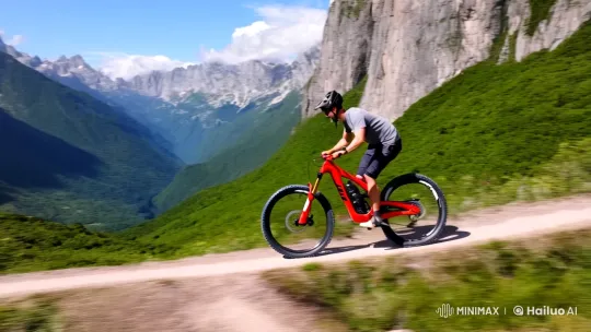 Man on Red Bike Navigates Majestic Mountain Path – AI Generated Video | Hailuo AI