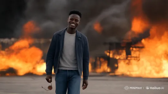 Confident Man Walks Through Fiery Chaos – AI Generated Video | Hailuo AI
