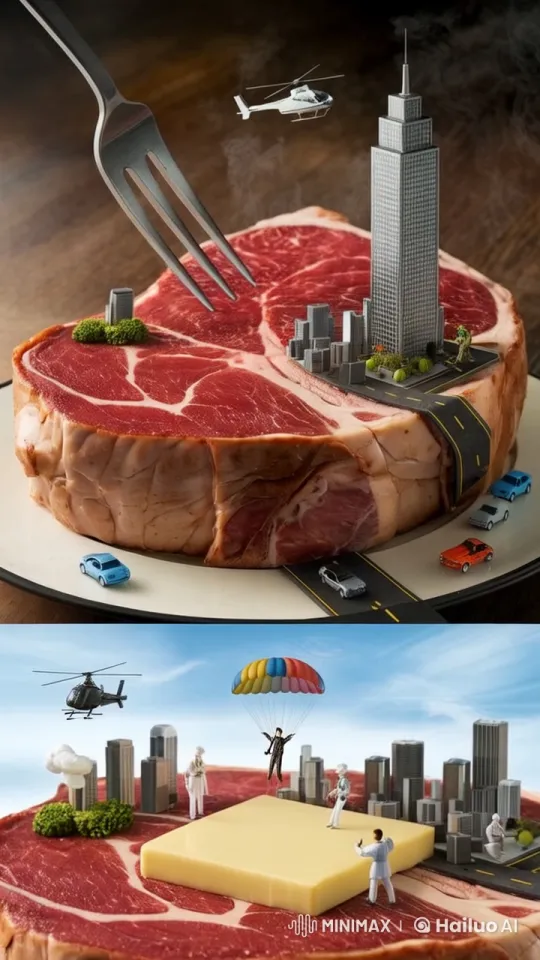 Miniature Metropolis on a Giant Steak Plate – AI Generated Video | Hailuo AI