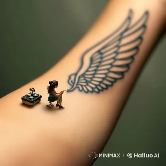 Mini Tattoo Artist at Work on Giant Wing Tattoo – AI Generated Video | Hailuo AI