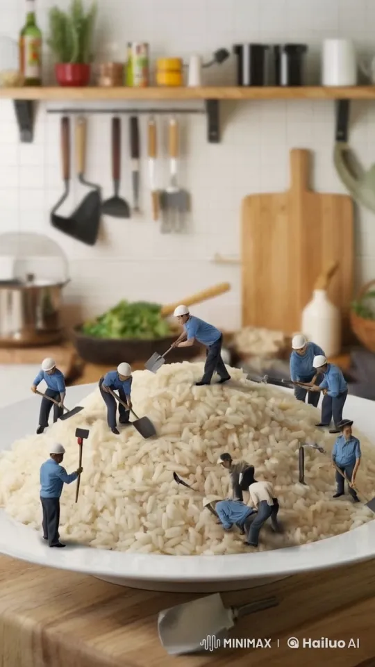 Tiny Workers Transform Rice in Cozy Kitchen – AI Generated Video | Hailuo AI