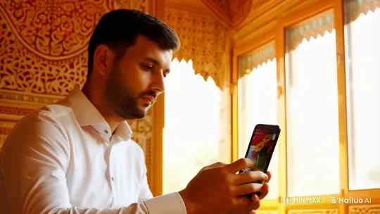 Chechen Man Selects Flowers on Smartphone in Sunlit Room – AI Generated Video | Hailuo AI