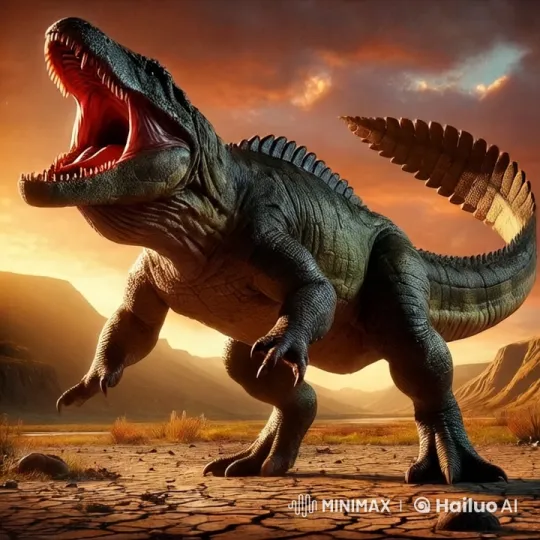 Dinosaur Postosuchus Roars in Arid Landscape at Sunset – AI Generated Video | Hailuo AI