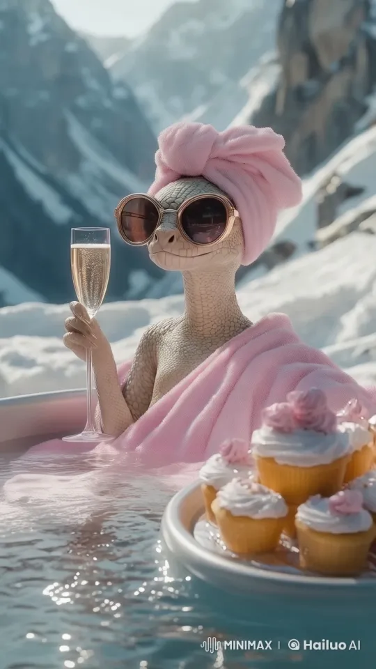 Anthropomorphic Dinosaur Relaxing in a Hot Tub – AI Generated Video | Hailuo AI