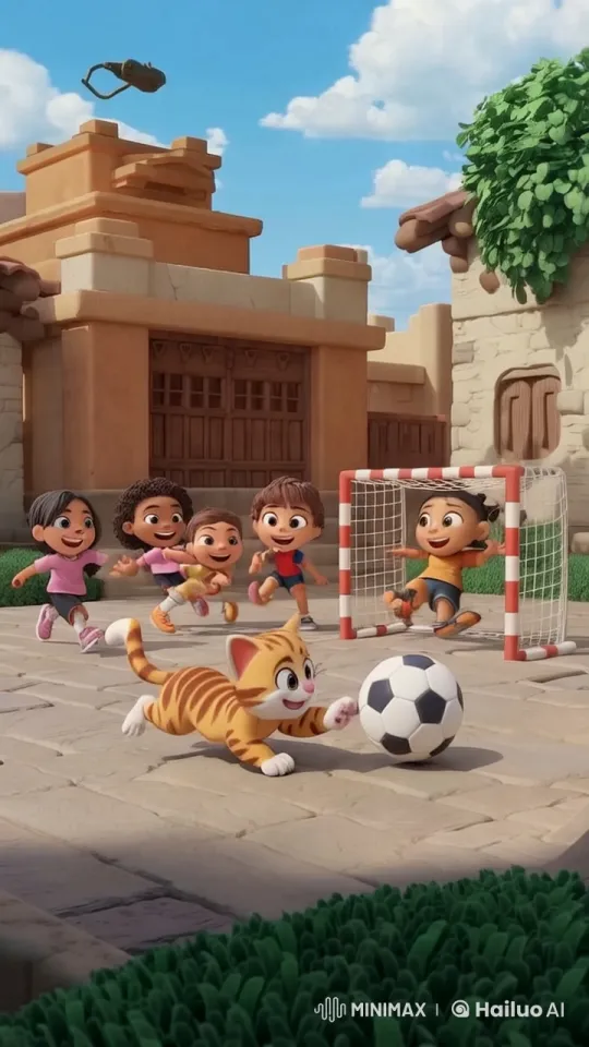 Animated Cat Plays Soccer with Kids in Village Setting – AI Generated Video | Hailuo AI