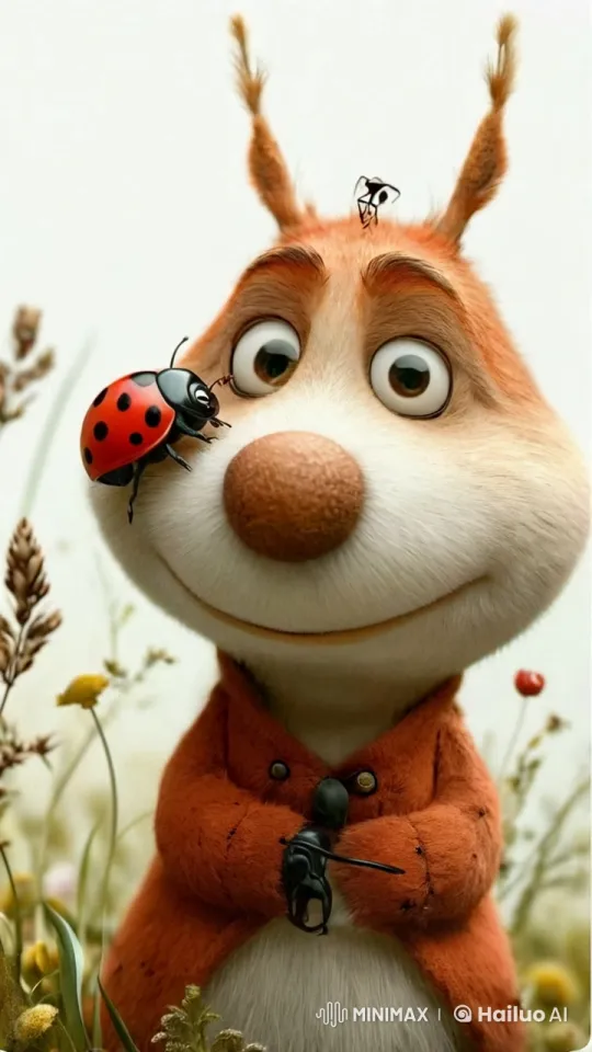 Fluffy Character Blows Kiss to Ladybug in Meadow – AI Generated Video | Hailuo AI