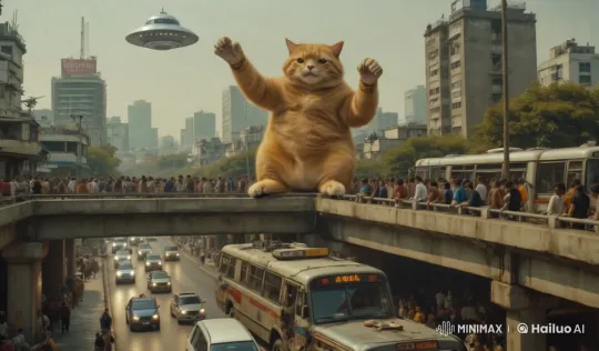 Animated Cat Pursues UFO in Urban Live2D Spectacle – AI Generated Video | Hailuo AI