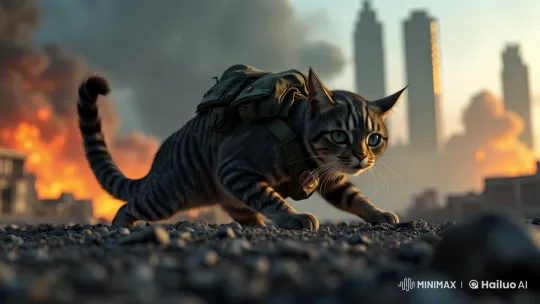 Determined Tabby Navigates Post-Apocalyptic Cityscape – AI Generated Video | Hailuo AI