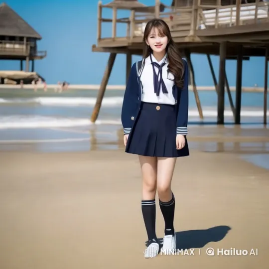 Live2D Video: Schoolgirl Enjoying Gentle Breeze on Beach – AI Generated Video | Hailuo AI