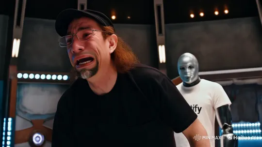 Distressed Man Cries at Feet of Spotify Android in Futuristic Room – AI Generated Video | Hailuo AI