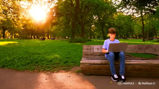 Boy Programming in Peaceful Park Setting – AI Generated Video | Hailuo AI