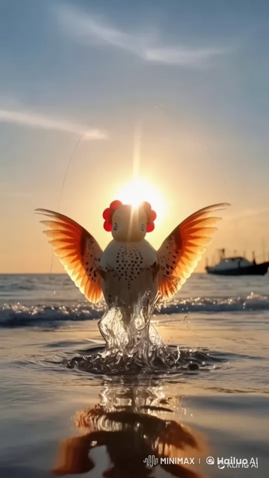 Whimsical Bird Creature Emerges at Sunset Over Ocean – AI Generated Video | Hailuo AI