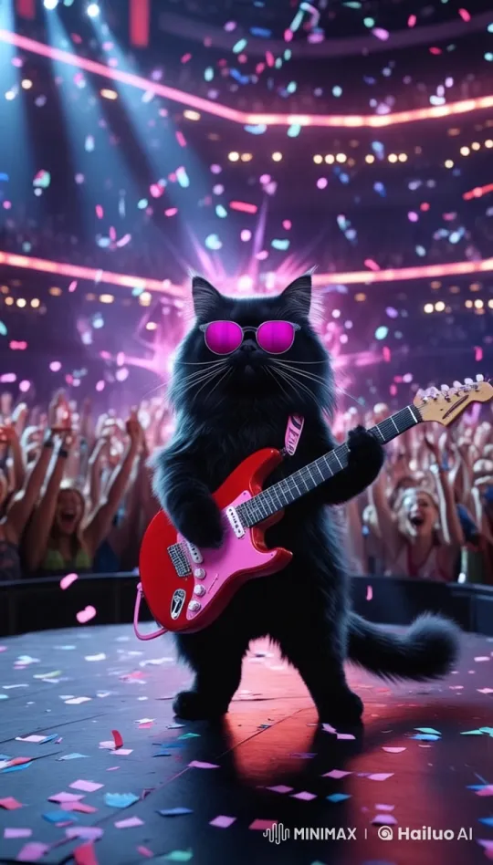 Black Cat Rock Star Performs on Stage with Energy – AI Generated Video | Hailuo AI