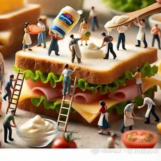 Miniature Humans Craft Giant Sandwich with Humor – AI Generated Video | Hailuo AI