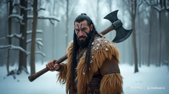 Ice Age Warrior Kills Wolf, Climbs Tree in Snowy Forest – AI Generated Video | Hailuo AI