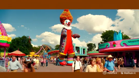 1993 USA Amusement Park: Giant Clown Puppet in Colorful Scene – AI Generated Video | Hailuo AI