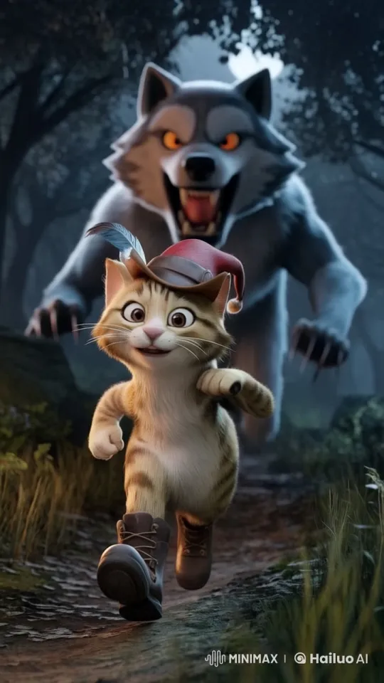 Cat in Boots Fleeing from Wolf in Dark Forest – AI Generated Video | Hailuo AI