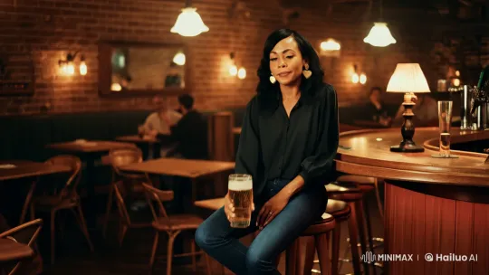 Woman Enjoying Beer in Cozy Bar with Jazz Music – AI Generated Video | Hailuo AI