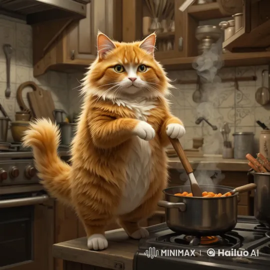 Chonker Cat Chef Stirs Carrots in Rustic Kitchen – AI Generated Video | Hailuo AI