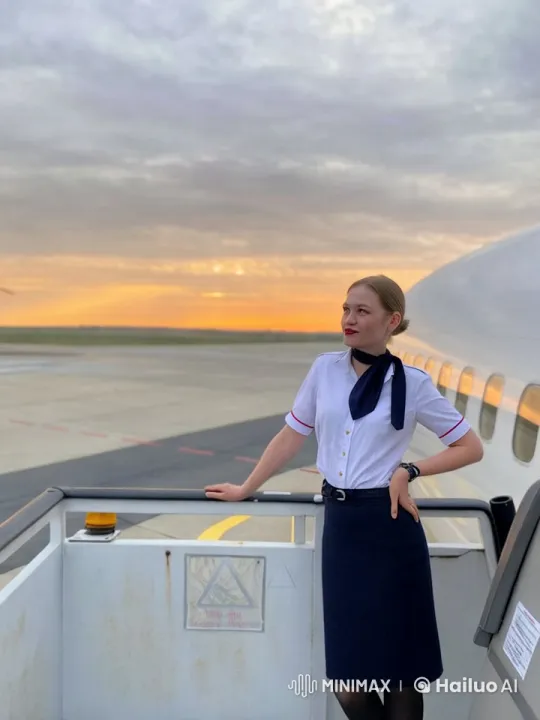 Flight Attendant Dances Cheerfully at Sunset – AI Generated Video | Hailuo AI