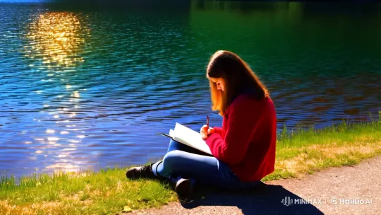 College Student Writes by Serene Lake with Colorful Panorama – AI Generated Video | Hailuo AI