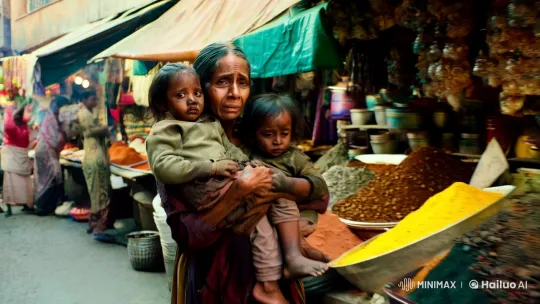 Aesthetic Film Scene: Old Woman and Children in Market – AI Generated Video | Hailuo AI