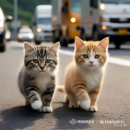 Cute Kittens Stroll Along Busy Road in Live2D Animation – AI Generated Video | Hailuo AI