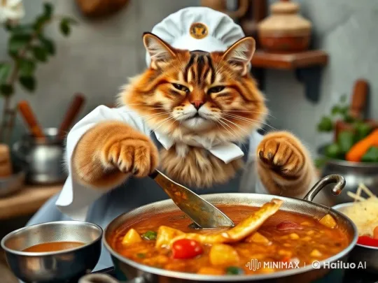 Chubby Cat Chef Cooks Fish Curry in Rustic Kitchen – AI Generated Video | Hailuo AI