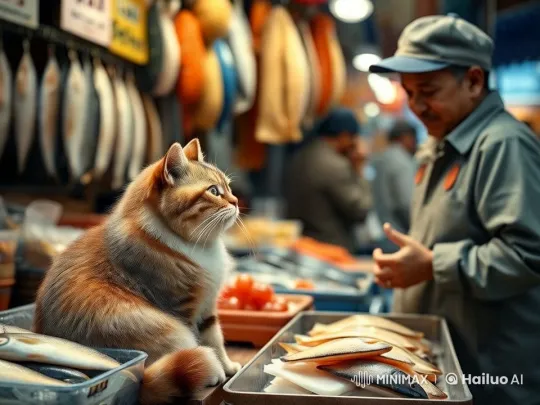 Chubby Cat Enchanted by Fish at Market – AI Generated Video | Hailuo AI