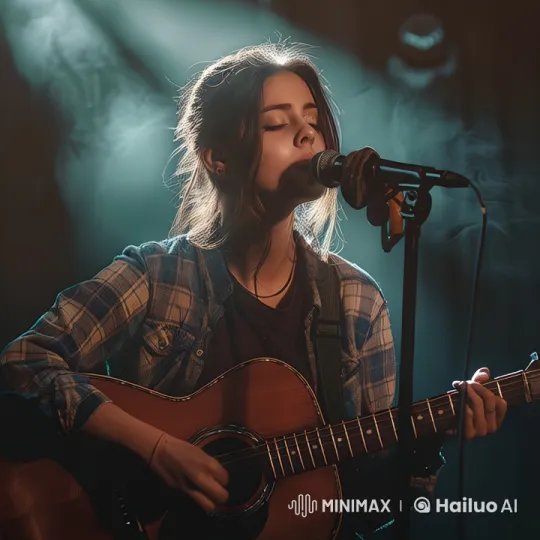 Young Woman Performing Acoustic Song in Intimate Dimly Lit Setting – AI Generated Video | Hailuo AI