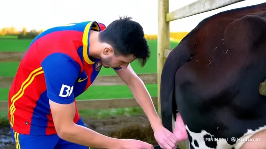 Barcelona's Messi Milks Cow on Pastoral Farm – AI Generated Video | Hailuo AI