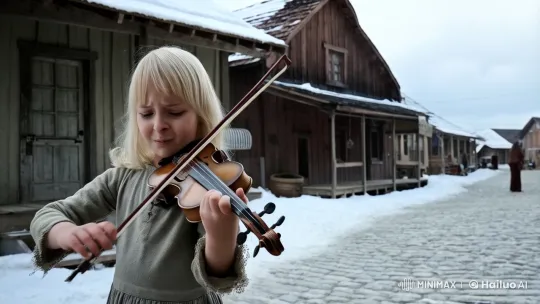 Sad Young Girl Plays Violin in Old Russian Village – AI Generated Video | Hailuo AI