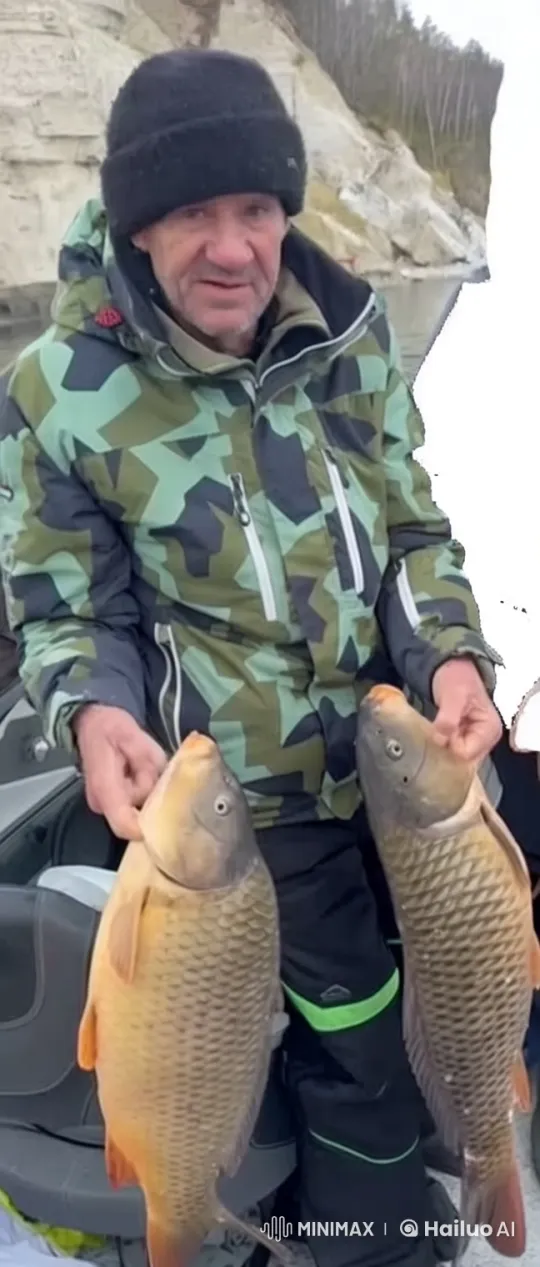 Angler on Boat with Fish in Rainy Landscape – AI Generated Video | Hailuo AI