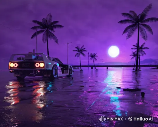 Retro-Futuristic Car on Reflective Wet Surface at Dusk – AI Generated Video | Hailuo AI