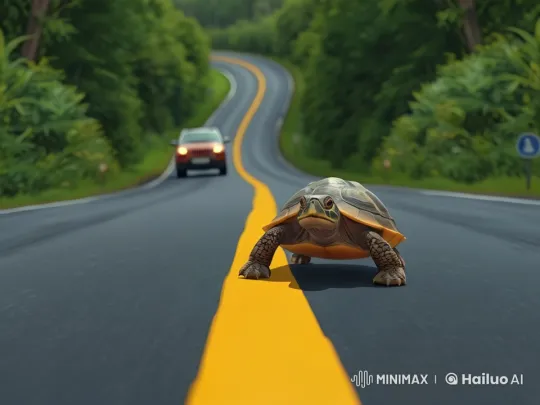 Sunset Turtle Crosses Road Amidst Oncoming Traffic – AI Generated Video | Hailuo AI