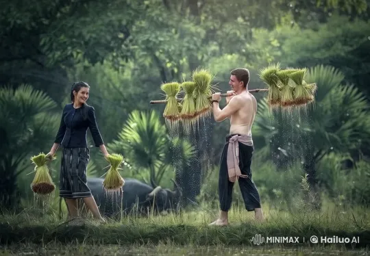 Traditional Farming Scene in Serene Landscape – AI Generated Video | Hailuo AI