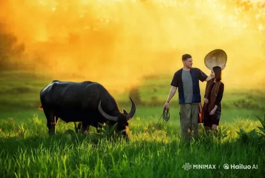 Golden Sunset: Serene Field with Grazing Buffalo and Loving Couple – AI Generated Video | Hailuo AI