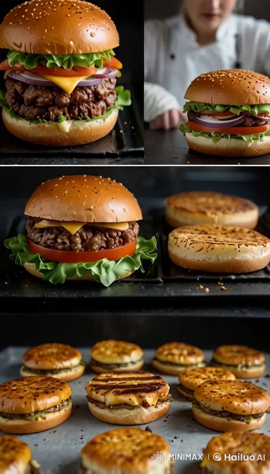 Artisanal Burger Preparation Showcased with Detail – AI Generated Video | Hailuo AI