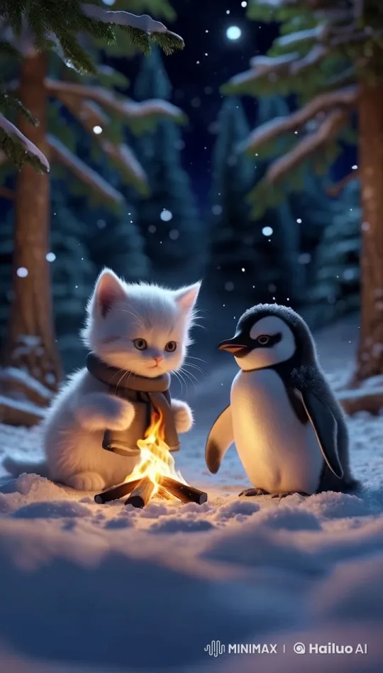 Baby Kitten Comforts Weak Penguin in Snowy Forest Night – AI Generated Video | Hailuo AI