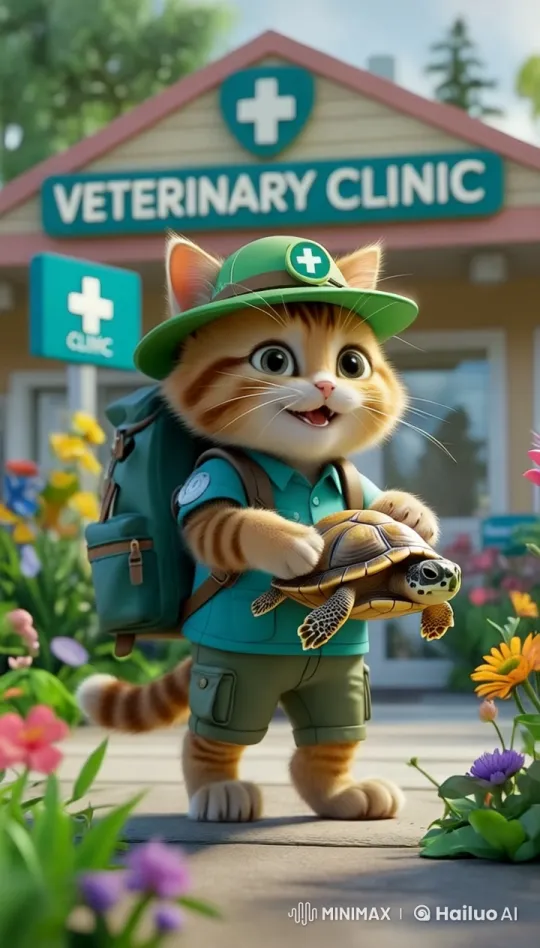 Kitten with Explorer Hat Bonds with Turtle at Vet Clinic – AI Generated Video | Hailuo AI