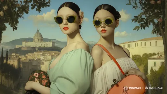 Two Women in Elegant Off-Shoulder Dresses Pose in Historic Rome – AI Generated Video | Hailuo AI